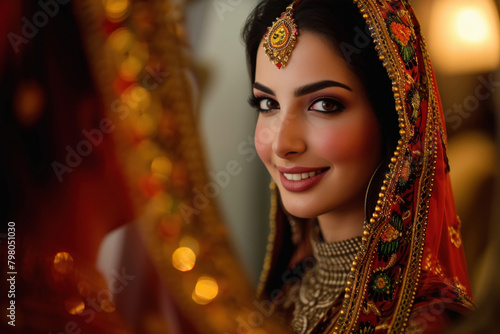 Beautiful indian bride doing make up in front of mirror