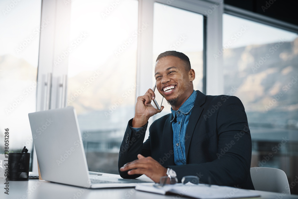 Happy black man, laptop and discussion with phone call for proposal or communication at office desk. Businessman, accountant or employee with smile on mobile smartphone for friendly conversation Happy black man, laptop and discussion with phone call for proposal or communication at office desk. Businessman, accountant or employee with smile on mobile smartphone for friendly conversation