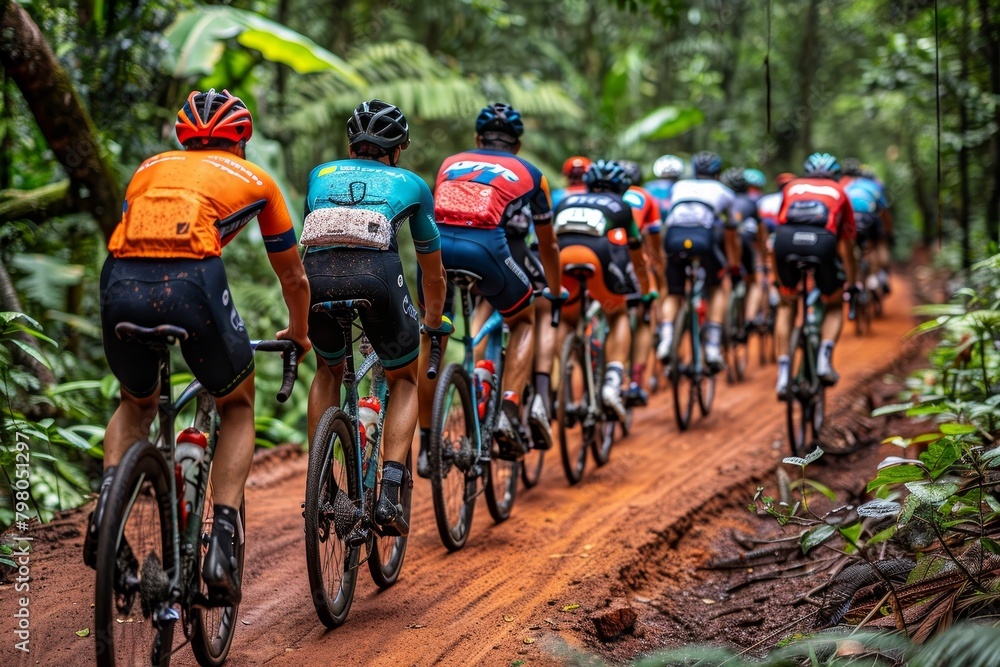 Fototapeta premium Cyclists enjoying a scenic ride together on a charming dirt path in the countryside