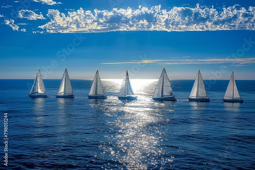 Sailboats peacefully gliding on tranquil and serene ocean waters under the vast sky