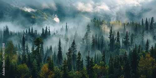 Breathtaking landscape of a foggy fir forest © toomi123