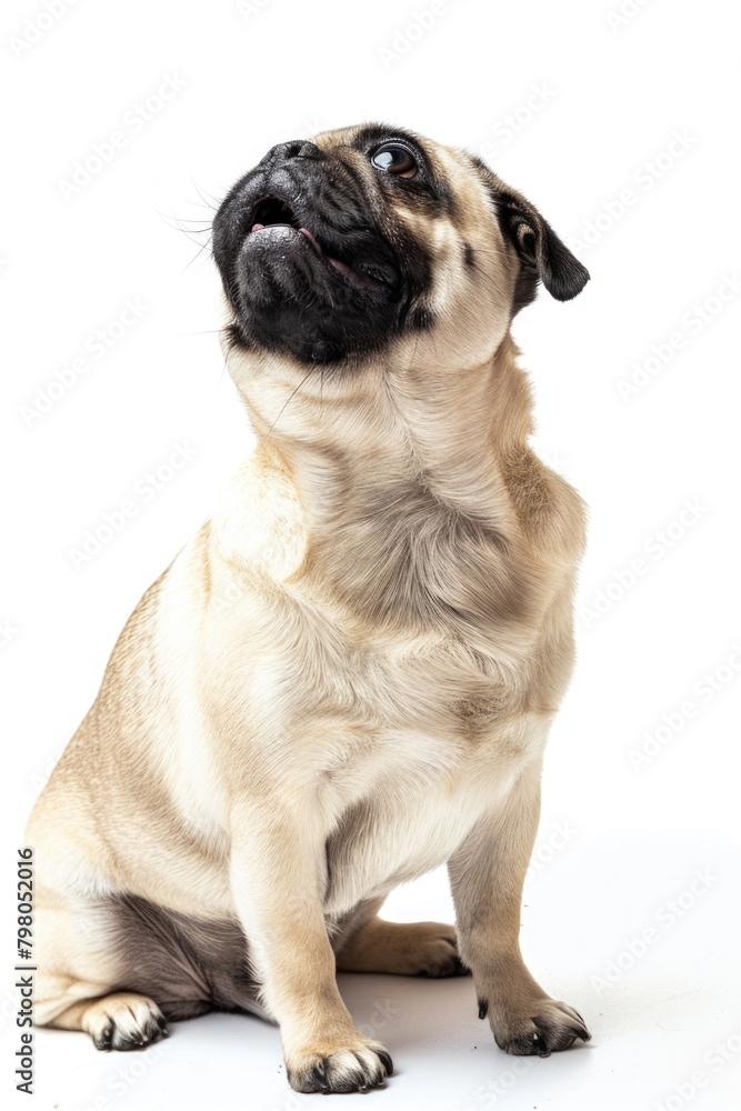 A pug dog sitting on a white surface, looking up. Suitable for pet-related designs