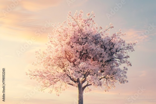 Blossoming Cherry Tree Against Pastel Sunset Sky in Serene Outdoor Scene