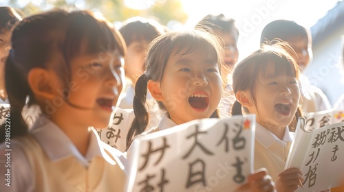 Enthusiastic Japanese Schoolchildren Reciting Hiragana and Katakana Characters in Bright Sunny Classroom photo