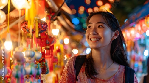 Radiant Asian Woman Explores Vibrant Night Market Filled with Colorful Stalls and Glimmering Lights