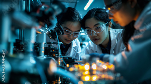 
An innovative R&D center buzzing with activity, engineers in lab coats and safety goggles huddled around a glowing prototype of a new energy device, intricate circuitry visible, bright fluorescent