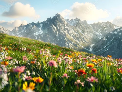 Majestic Alpine Landscape Dotted with Vibrant Wildflowers Under Bright Sunny Skies