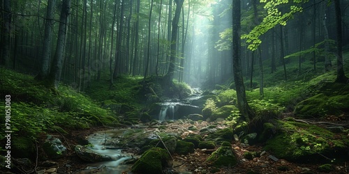 Breathtaking landscape in fir forest in the morning