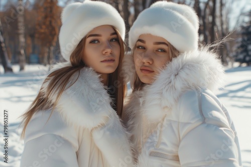 Two women standing in the snow  suitable for medical or winter-themed designs