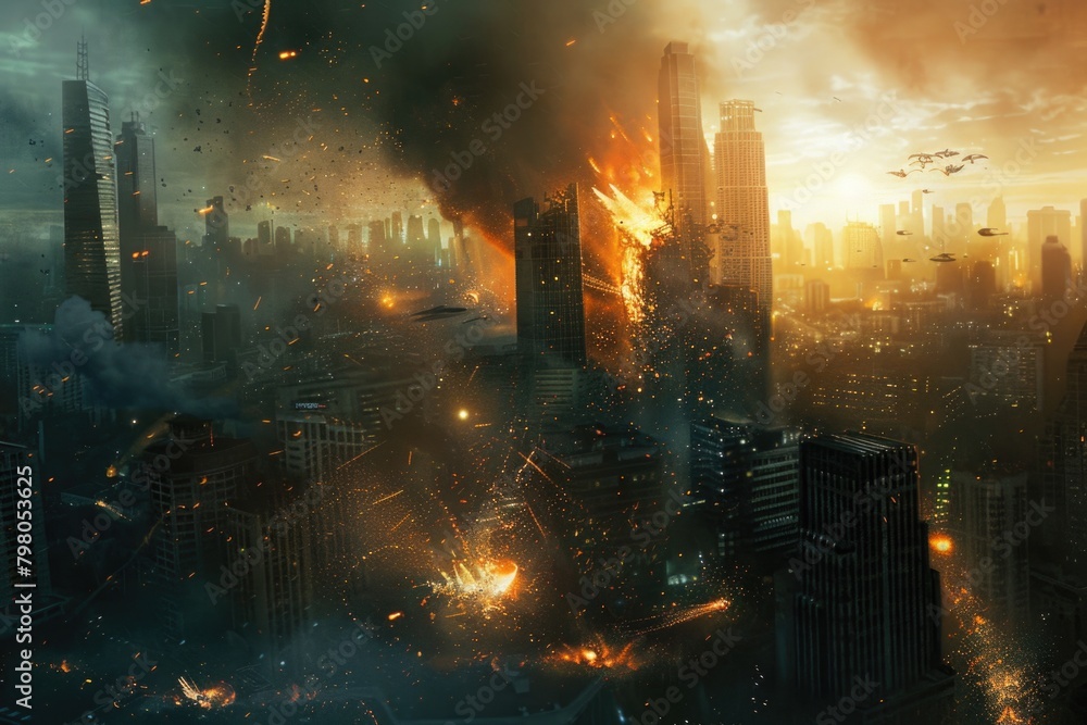 A city engulfed in flames, with smoke billowing out. Suitable for disaster or emergency preparedness concepts