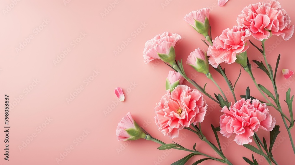 Create a charming Mother s Day holiday greeting design featuring a beautiful carnation bouquet set against a soft pastel pink table background Create a charming Mother s Day holiday greeting design featuring a beautiful carnation bouquet set against a soft pastel pink table background
