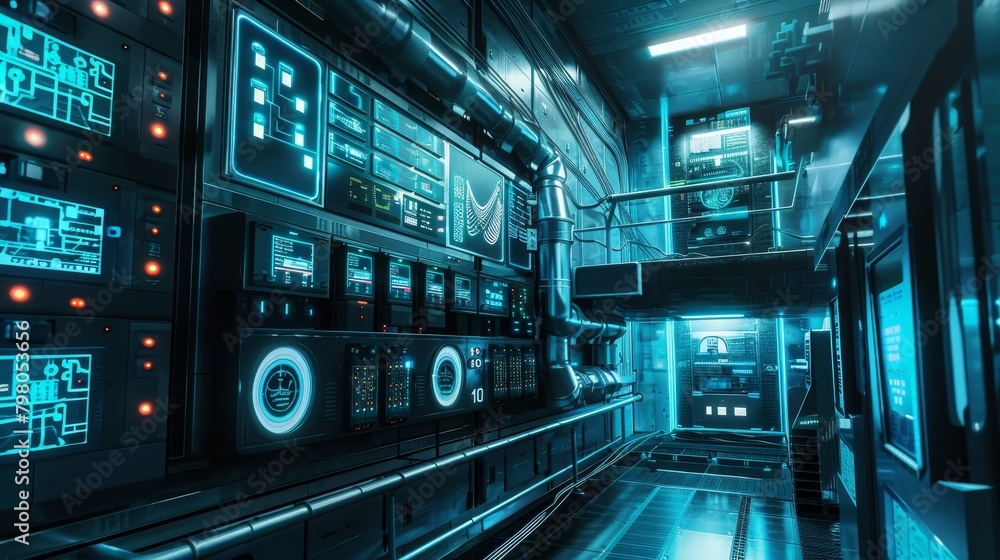 A futuristic room with many computer monitors and a large screen A futuristic room with many computer monitors and a large screen