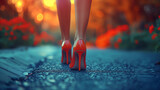 A girl with slender legs walks in high-heeled shoes along a city street, embodying grace and style, embodying an atmosphere of confidence and elegance