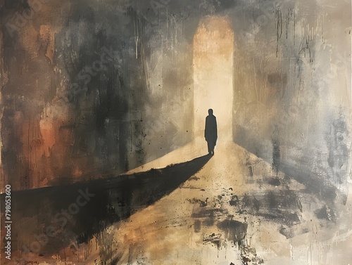 Solitary Silhouette on a Mystical Path through Chiaroscuro Landscape