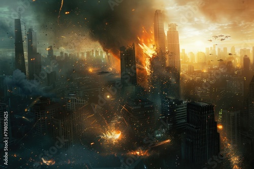 A city engulfed in flames, with smoke billowing out. Suitable for disaster or emergency preparedness concepts