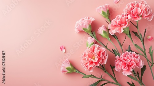 Create a charming Mother s Day holiday greeting design featuring a beautiful carnation bouquet set against a soft pastel pink table background © 2rogan