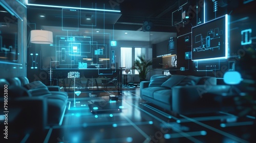 A futuristic room with many computer monitors and a large screen