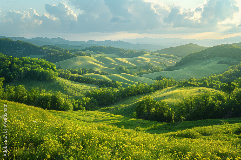 landscape with beautiful green rolling hills with trees and blooming yellow flowers in springtime, idyllic countryside scenery, photorealistic // ai-generated 