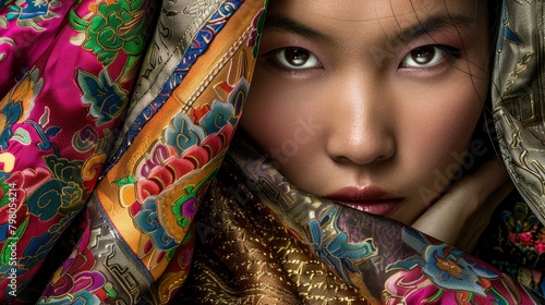Fashion photography reimagined with the beauty of Tibetan culture, featuring a Tibetan girl in stunning Tibetan-element fashion creations that evoke the spirit of tradition photo