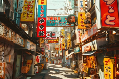 Vibrant Japanese Street Adorned with Colorful Signs and Billboards in Bright Sunlight © kittipoj