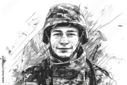 A realistic drawing of a man in a military uniform. Suitable for military themed designs photo