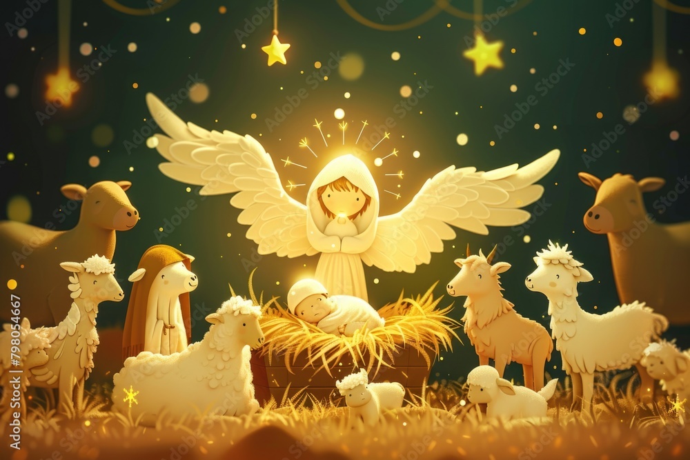 Fototapeta premium A traditional nativity scene featuring angels and sheep. Perfect for Christmas projects