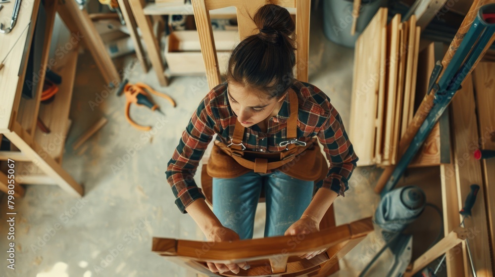 A woman sitting and working on a wooden chair. Suitable for office or home office concepts A woman sitting and working on a wooden chair. Suitable for office or home office concepts