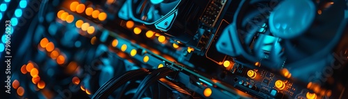 Closeup of a cryptocurrency mining rig with multiple graphics cards and LED lights photo