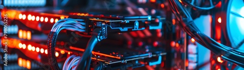 Closeup of a cryptocurrency mining rig with multiple graphics cards and LED lights photo