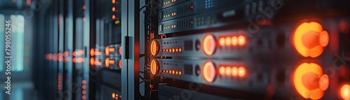 Closeup of a fintech startups secure server room with glowing lights photo