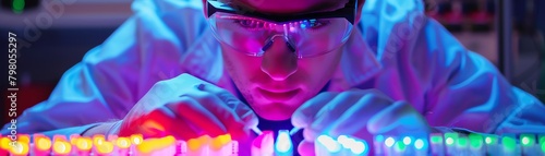 Closeup of a scientist analyzing organic LED lights in different colors
