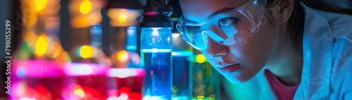 Closeup of a scientist analyzing organic LED lights in different colors photo