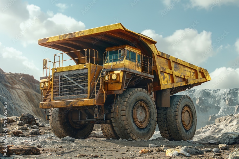 Heavy duty dump truck navigating rugged terrain. Ideal for construction and industrial concepts Heavy duty dump truck navigating rugged terrain. Ideal for construction and industrial concepts