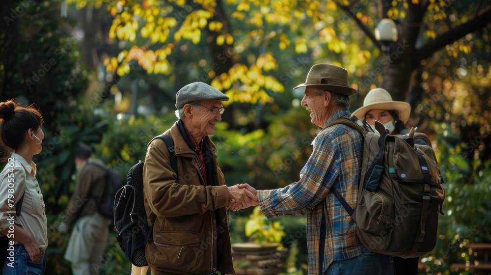 A group of people shaking hands in a park. Ideal for business and teamwork concepts A group of people shaking hands in a park. Ideal for business and teamwork concepts