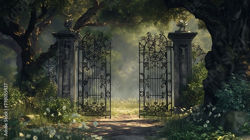 An ornate wrought iron gate opening into a secret garden with ancient oak trees photo