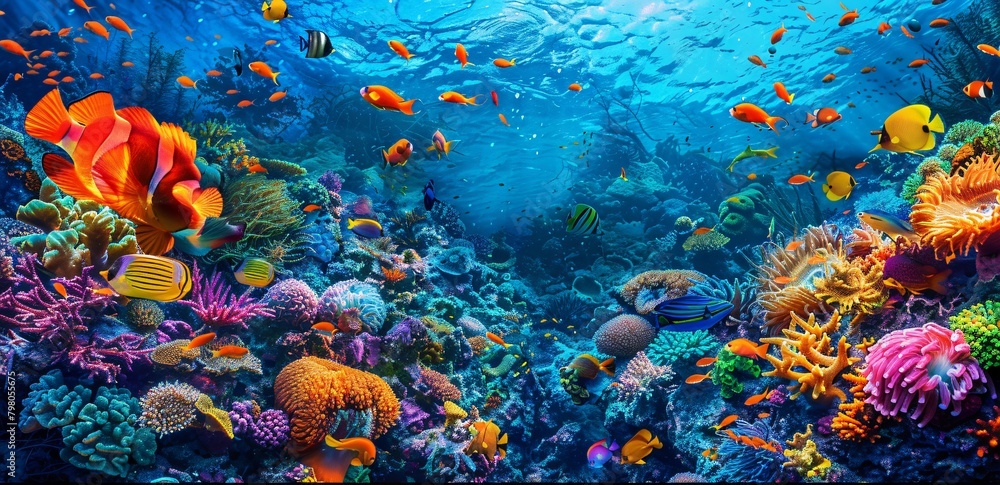 Fototapeta premium Vibrant coral reef teeming with colorful fish 