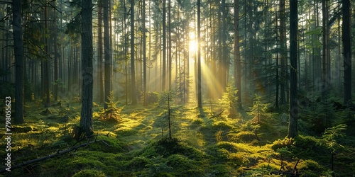 Breathtaking landscape in fir forest in the morning photo