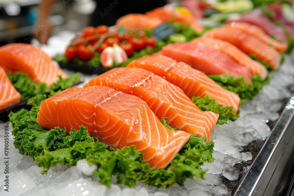 Fresh raw salmon fillet with skin on ice - ideal for seafood enthusiasts and healthy cooking Fresh raw salmon fillet with skin on ice - ideal for seafood enthusiasts and healthy cooking