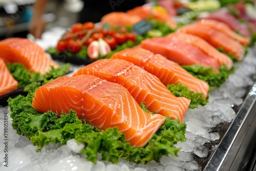 Fresh raw salmon fillet with skin on ice - ideal for seafood enthusiasts and healthy cooking