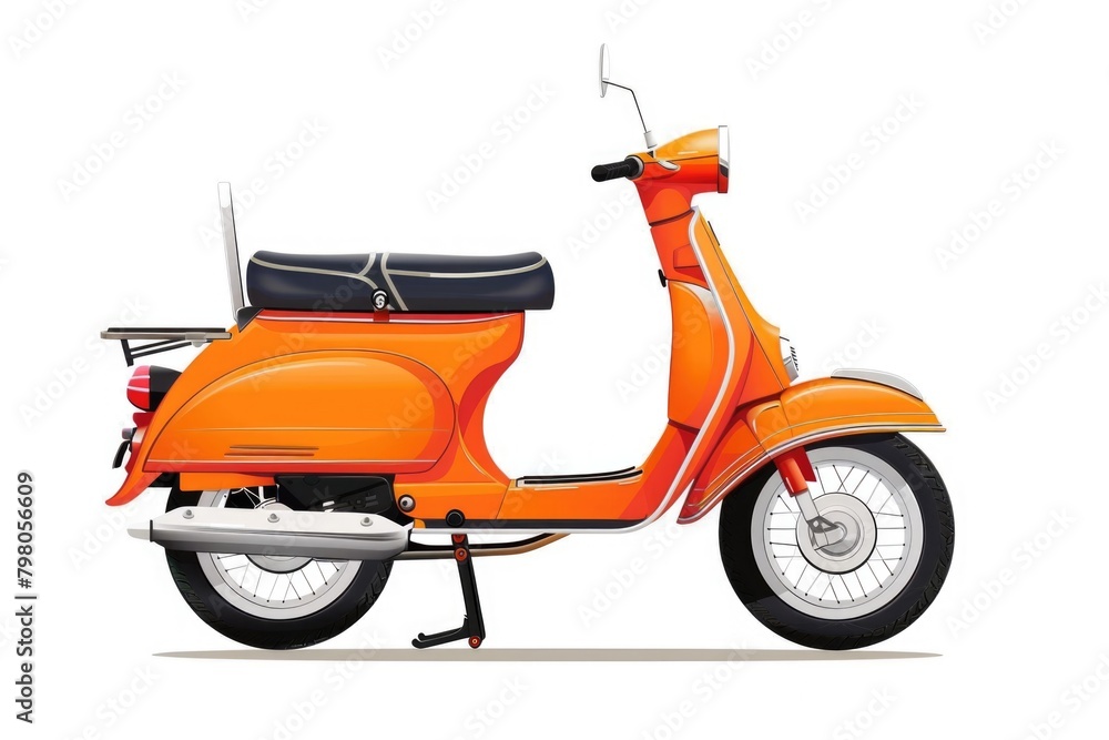 An orange motor scooter with a basket on the back. Perfect for transportation or delivery concepts