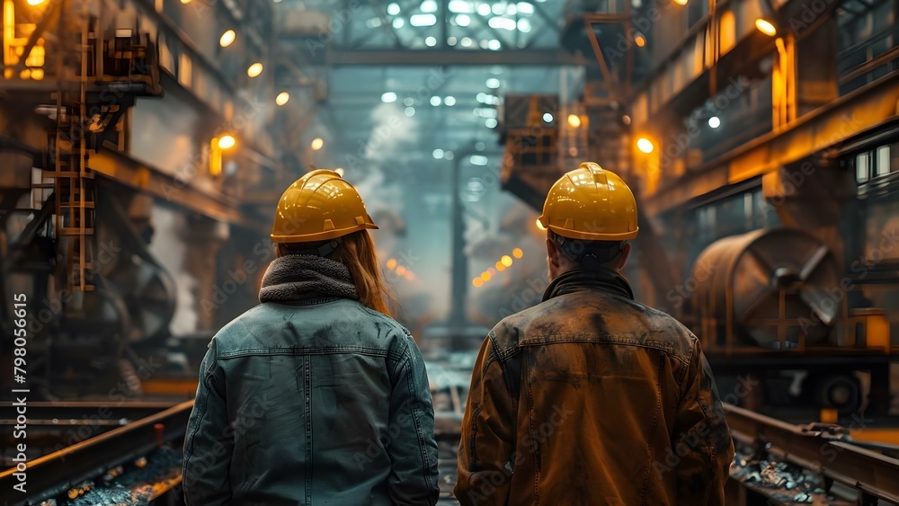 Two engineers inspecting machinery in a steel factory wearing hard hats. Concept Industrial Engineering, Machinery Inspection, Steel Factory, Hard Hats, Occupational Safety