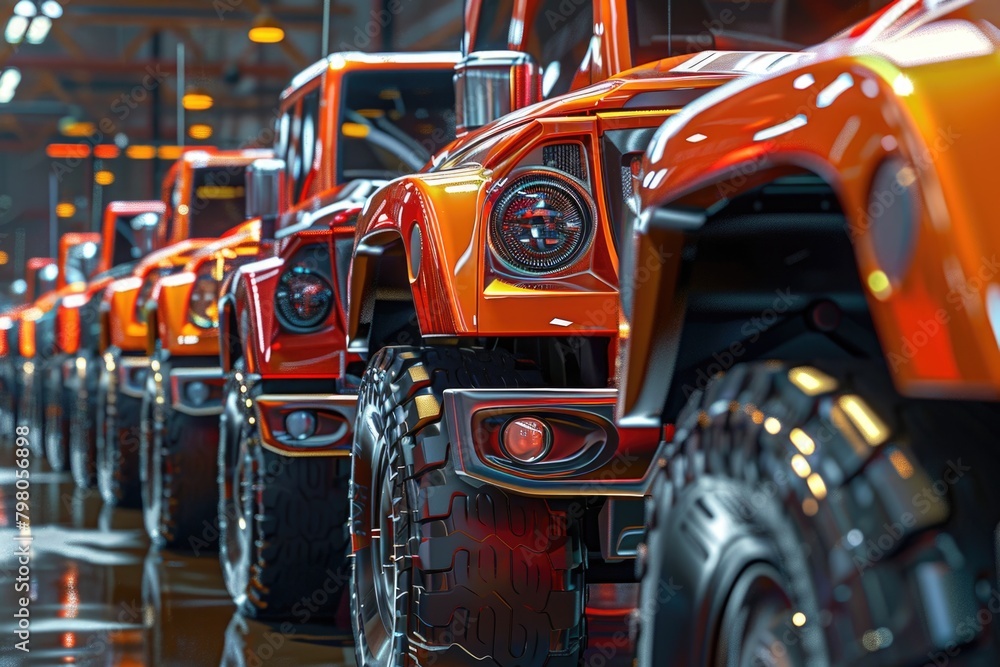 Fototapeta premium A row of orange trucks parked next to each other. Ideal for transportation and industrial concepts