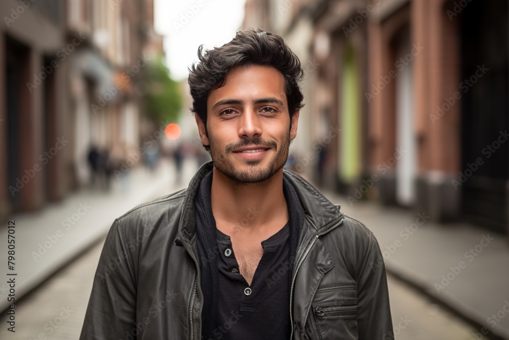 A man with a beard and a black shirt is smiling in front of a building A man with a beard and a black shirt is smiling in front of a building