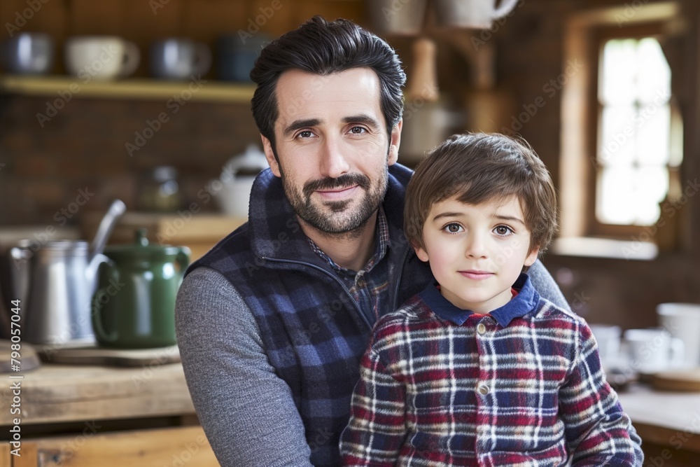 A man and a boy are posing for a picture in a kitchen A man and a boy are posing for a picture in a kitchen