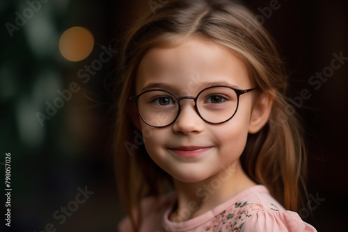 A young girl wearing glasses is smiling for the camera