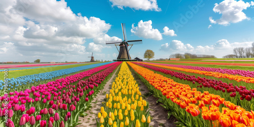 A colorful tulip field with rows of vibrant flowers, set against the backdrop of an old windmill.