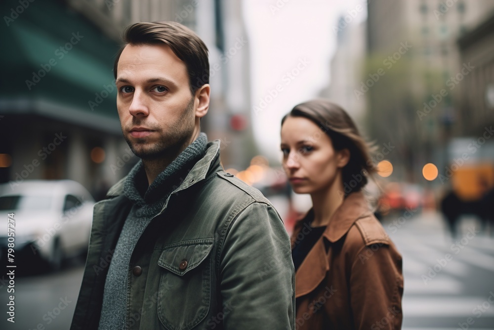 A man and a woman are standing on a city street
