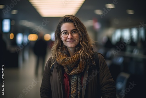 A woman wearing glasses and a scarf stands in a busy airport terminal