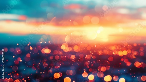 Defocused Glowing Horizon A stunning glimpse into the future with a blurred backdrop of vibrant ethereal lights merging into a sunrise over a technological landscape. .