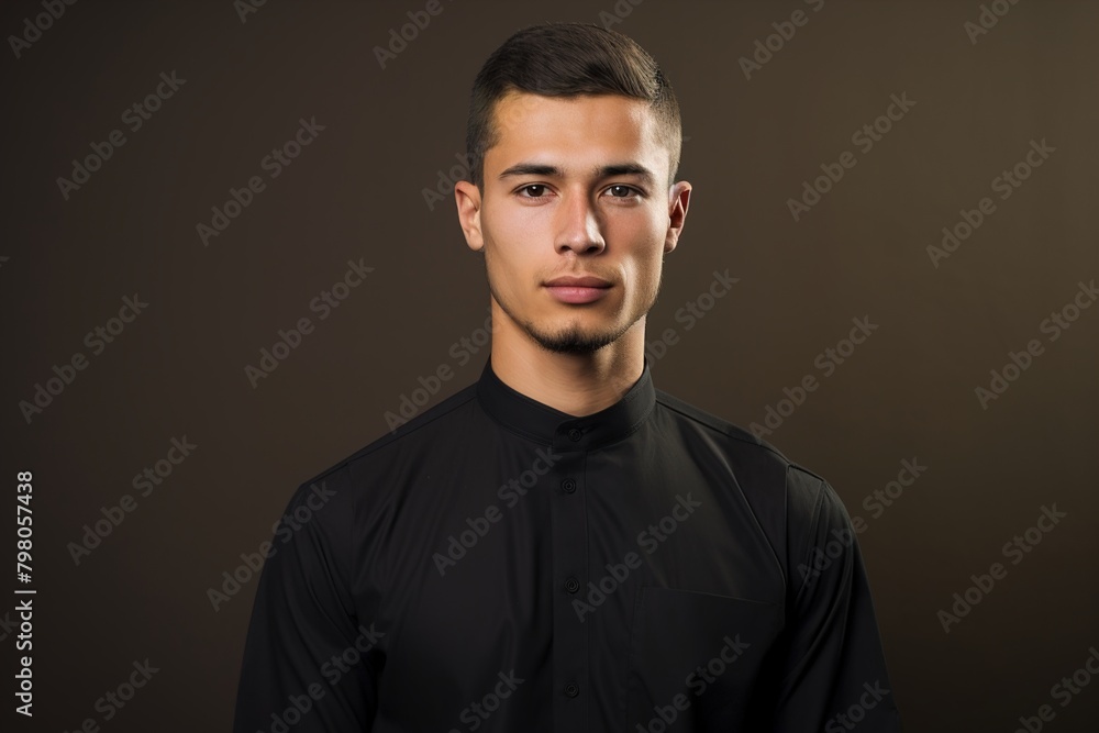 A man in a black shirt is standing in front of a brown background